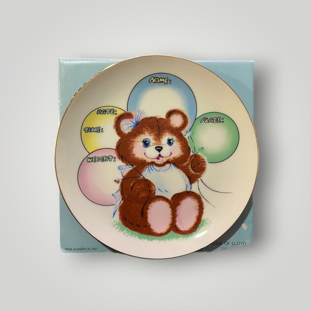 NIB Vtg 1984 House of Lloyd Baby Keepsake Plate Teddy Bear‎ Birth Record Japan